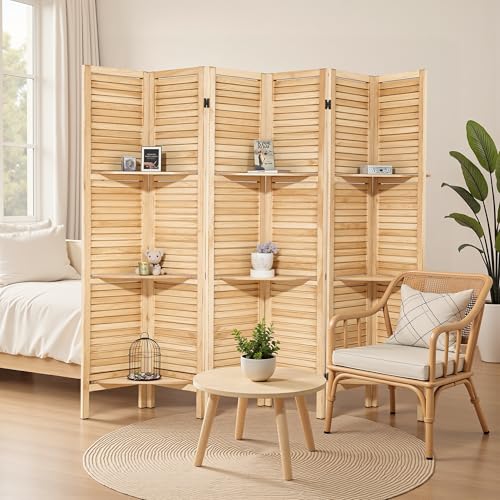 6 Panel Wooden Room Divider with Shelves P850285