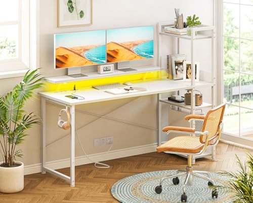 Reversible Gaming Desk with USB Charging Port and LED Lights, 40 Inch Computer Desk with Storage Shelves M571