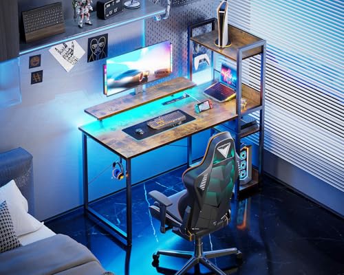 Reversible Gaming Desk with USB Charging Port and LED Lights, 40 Inch Computer Desk with Storage Shelves M571
