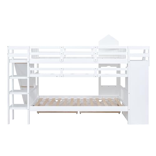 Twin Over Twin Bunk Bed with Stairs and Slide, Solid Wood Frame with Storage B8483