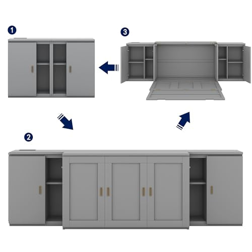 Murphy Bed Chest with Shelves and USB Ports, Foldable Wood Frame Y56482