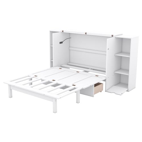Murphy Bed Chest with Shelves and USB Ports, Foldable Wood Frame Y56482