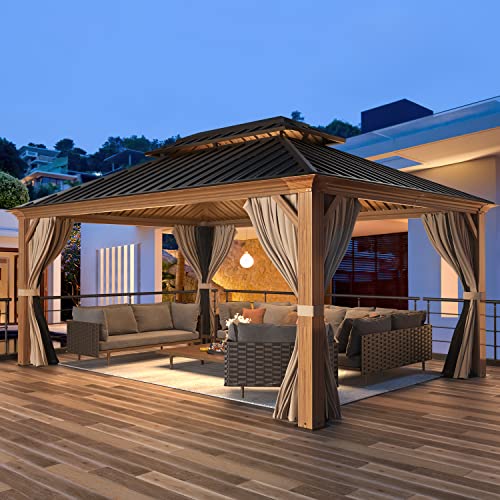 12x16 ft Hardtop Gazebo with Double Roof, Curtains and Netting T94173