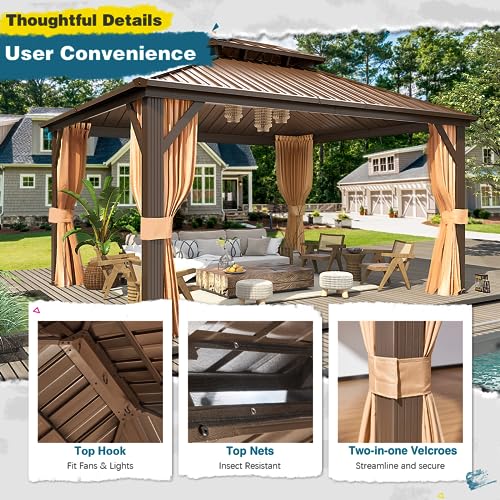 10x13 Hardtop Gazebo with Polycarbonate Double Roof, Aluminum Frame, Curtains and Netting S2701