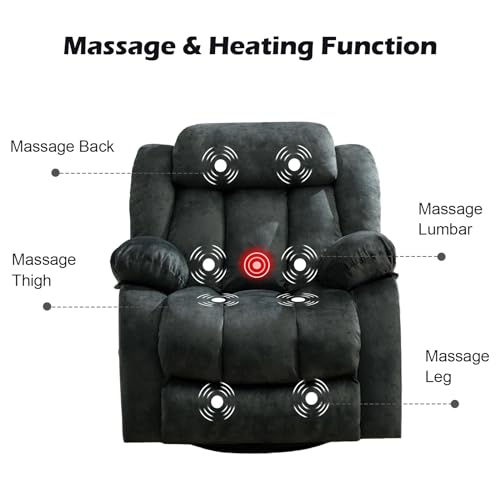 Massage Swivel Rocker Recliner Chair with Heat and Vibration, Grey M1757