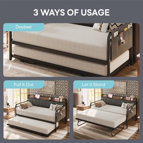 Daybed with Trundle Bed, Twin Bed Frame with Storage Headboard and Charging Station, Grey S3738