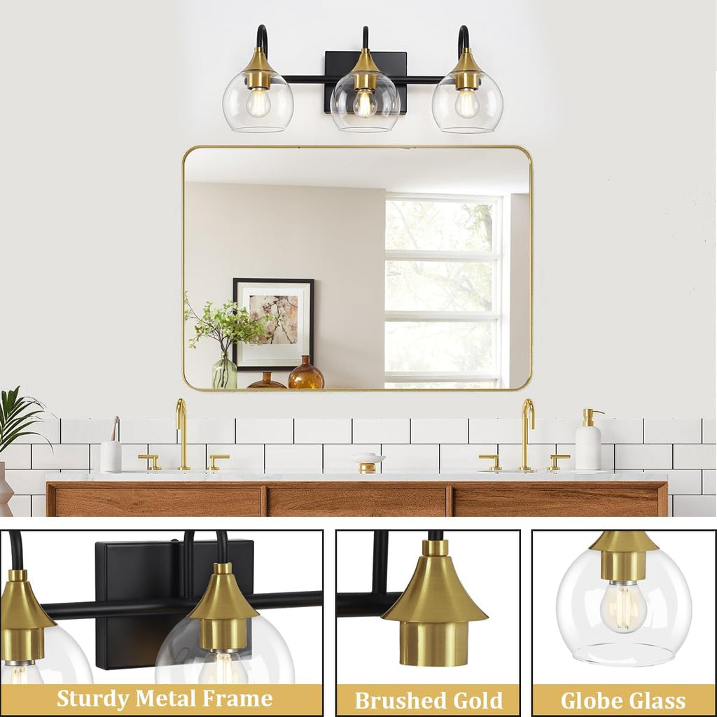 Black Gold Bathroom Vanity Light, 3-Light Globe Wall Sconce Q907095