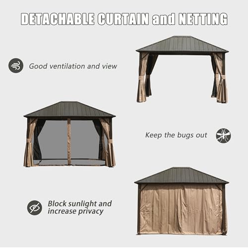 10 x 10 ft Hardtop Gazebo with Netting and Curtains, Galvanized Steel Roof for Patio K80436