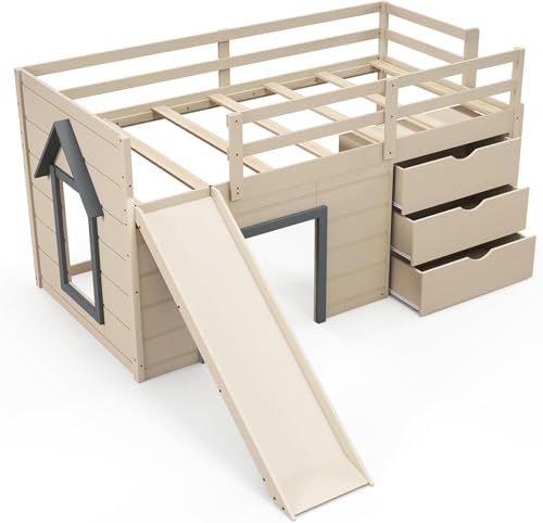 Twin Low Loft Bed with 3 Storage Drawers, Slide, Ladder & Guardrails I297242