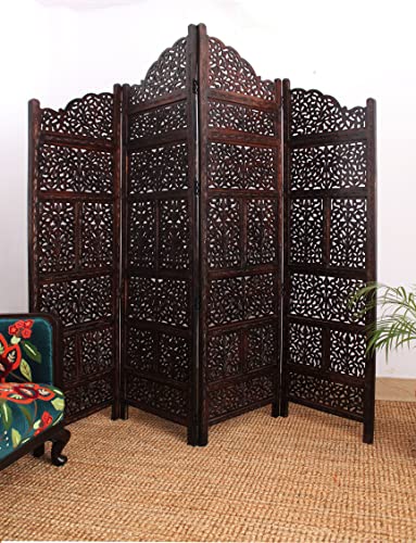 4 Panel Folding Wood Room Divider, Antique Brown, 72 x 80 P209