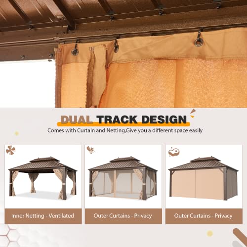 12x20 ft Hardtop Gazebo Double Roof Galvanized Steel Canopy Outdoor Aluminum Frame with Netting and Curtains X191579