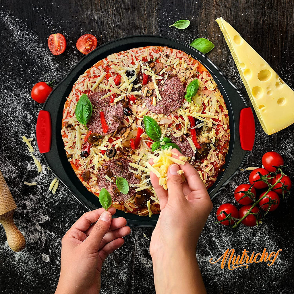 Non-Stick Pizza Tray with Silicone Handle, Round Steel Pan with Perforated Holes W84840