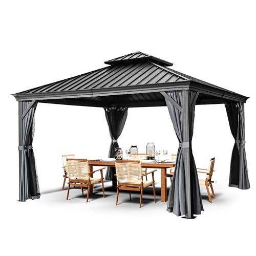 10 x 12 ft Hardtop Gazebo with Netting and Curtains for Patio, Deck, Backyard X60892