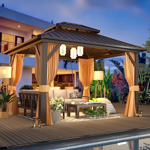 10x13 Hardtop Gazebo with Polycarbonate Double Roof, Aluminum Frame, Curtains and Netting S2701