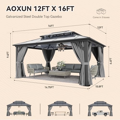 12x16 Hardtop Gazebo with Netting and Curtains for Patio K27275