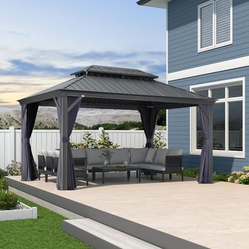 10' x 14' Permanent Hardtop Gazebo with Galvanized Steel Double Roof, Curtains and Netting Included M871
