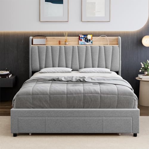 Queen Size Bed Frame with Storage Headboard and Drawers, Beige D3599