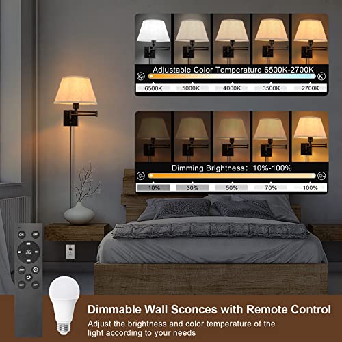 Wall Sconces Plug in, Remote Control Dimmable, Swing Arm Wall Lights with Fabric Shade, 2 Pack R441114