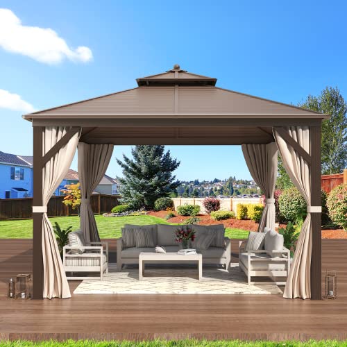 12x20 ft Hardtop Gazebo Double Roof Galvanized Steel Canopy Outdoor Aluminum Frame with Netting and Curtains X191579