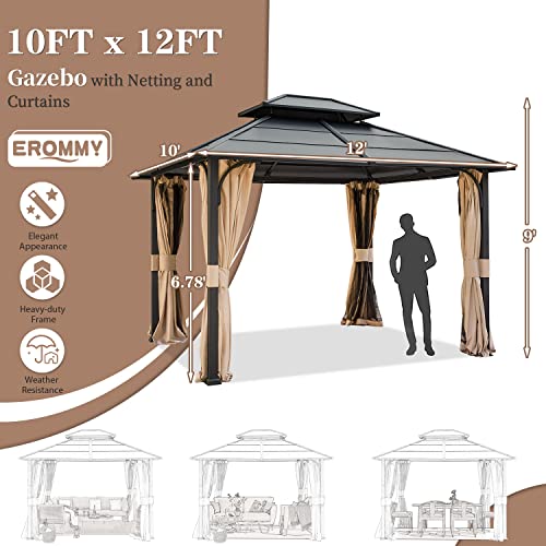 12x20 ft Hardtop Gazebo Double Roof Galvanized Steel Canopy Outdoor Aluminum Frame with Netting and Curtains X191579