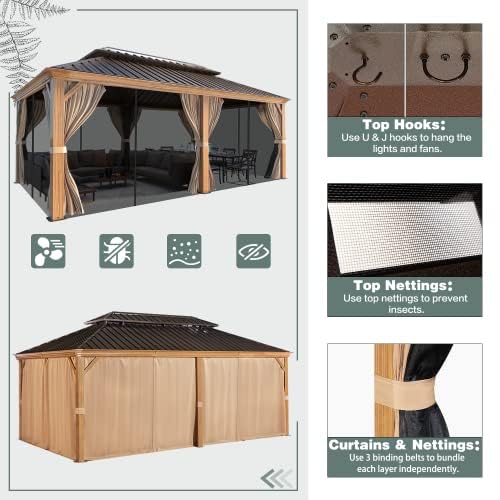 12x16 ft Hardtop Gazebo with Double Roof, Curtains and Netting T94173