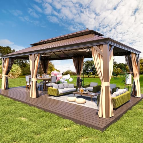 12x16 ft Hardtop Gazebo with Double Roof, Curtains and Netting T94173