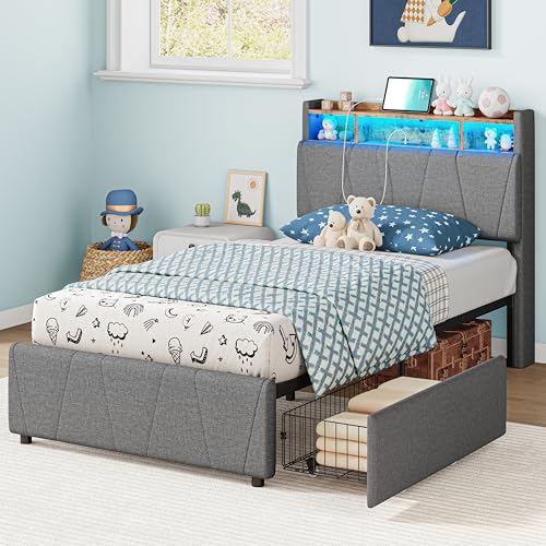 Twin Bed Frame with 2 Storage Drawers, Charging Station and LED Lights, Upholstered Platform Bed with Storage Headboard, No Box Spring Needed M8748