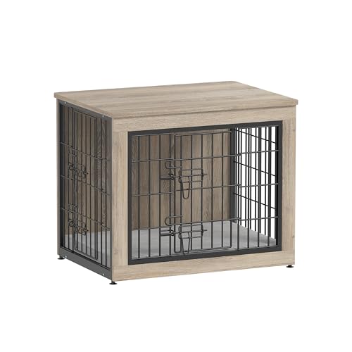 Dog Crate Furniture with Cushion, Heavy-Duty Metal Mesh, Wooden End Table with Double Doors, Indoor Kennel for Small Breed, Grey M3321