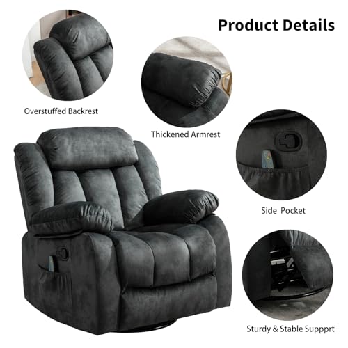 Massage Swivel Rocker Recliner Chair with Heat and Vibration, Grey M1757