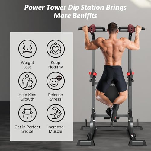 Power Tower Dip Station Pull Up Bar for Home Gym Workout, Adjustable Height with Supine Board G8894