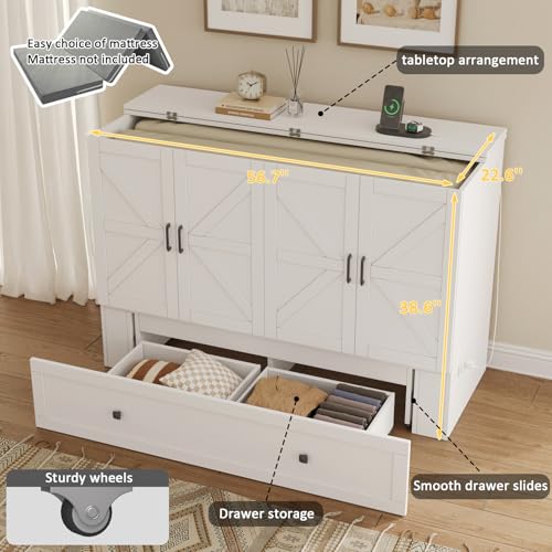 Murphy Bed with Storage & Charging Station, Foldable Panel, Distressed White C449393