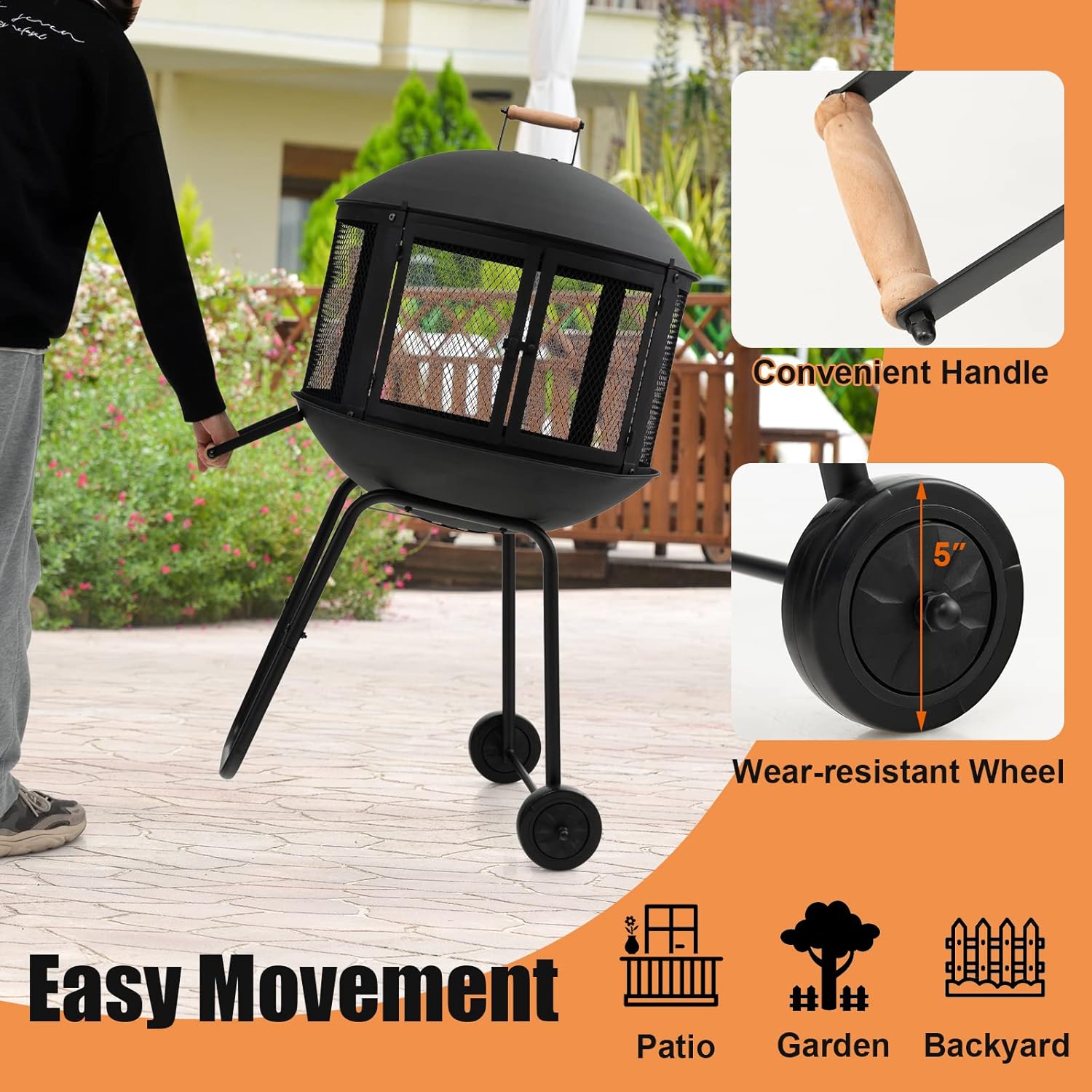 Portable Fire Pit with Wheels, 28 Inch Wood Burning, Black K9455