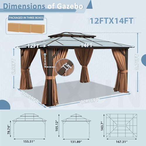 12x14 ft Hardtop Gazebo with Aluminum Frame, Curtains and Netting O271