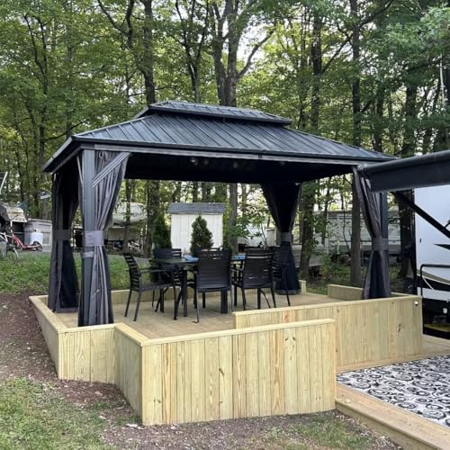 10 x 10 ft Hardtop Gazebo with Netting and Curtains, Galvanized Steel Roof for Patio K80436