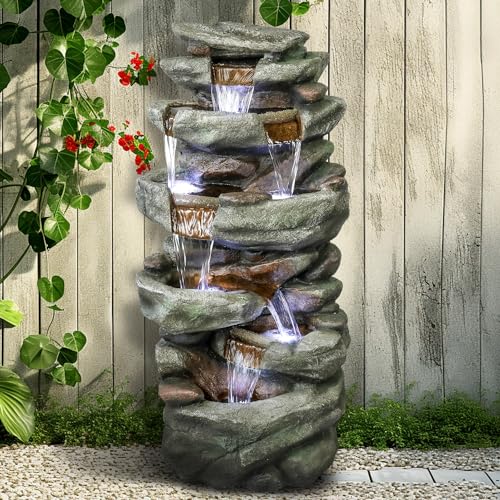 40" High 6-Tier Cascading Rock Outdoor Water Fountain with LED Lights D57471