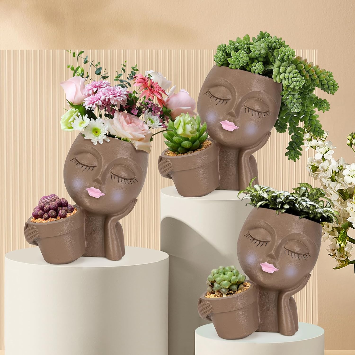 Face Planter Pot with Drainage Hole for Indoor Outdoor Plants W330