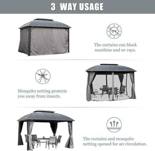 10 x 10 ft Hardtop Gazebo with Netting and Curtains, Galvanized Steel Roof for Patio K80436