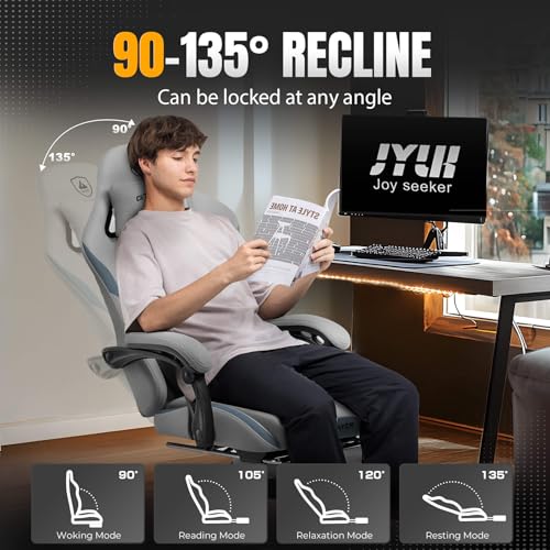 Gaming Chair Ergonomic Office Chair with Foot Rest, Breathable Fabric Computer Chair with Headrest and Lumbar Support O7023
