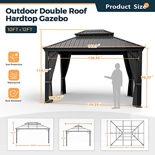 10 x 12 ft Hardtop Gazebo with Netting and Curtains for Patio, Deck, Backyard X60892