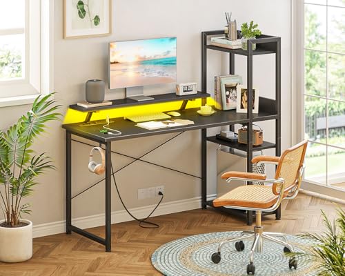 Reversible Gaming Desk with USB Charging Port and LED Lights, 40 Inch Computer Desk with Storage Shelves M571