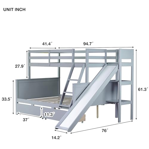 Twin Over Full Size Wooden Bunk Bed with Slide and Storage Stairs N394