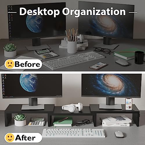 Dual Monitor Stand Riser with Smartphone Holder, Adjustable Wooden Desk Organizer B984