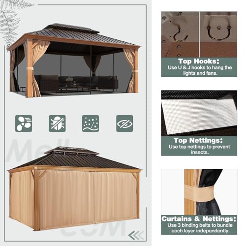 12x16 ft Hardtop Gazebo with Double Roof, Curtains and Netting T94173