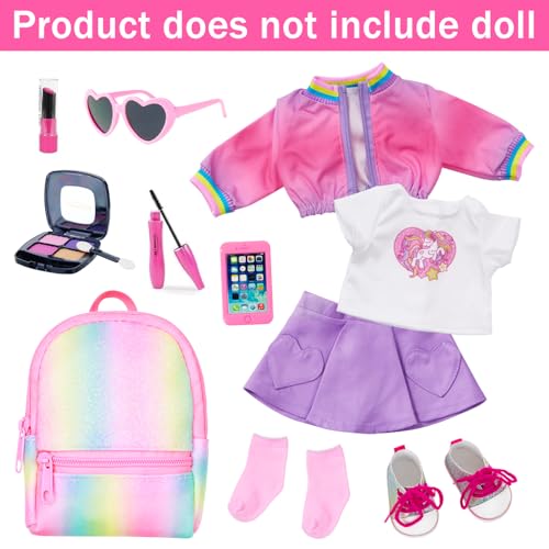 18 Inch Doll Clothes and Makeup Accessories Set with Rainbow Backpack L3809