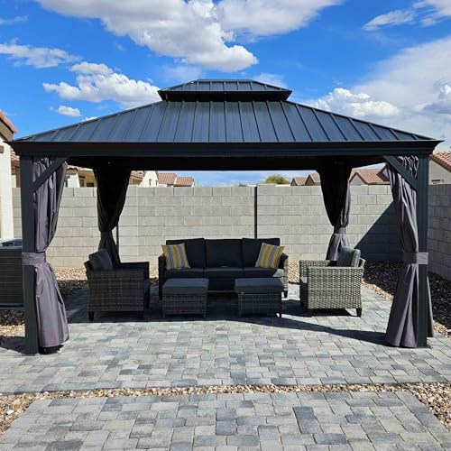 10' x 14' Permanent Hardtop Gazebo with Galvanized Steel Double Roof, Curtains and Netting Included M871