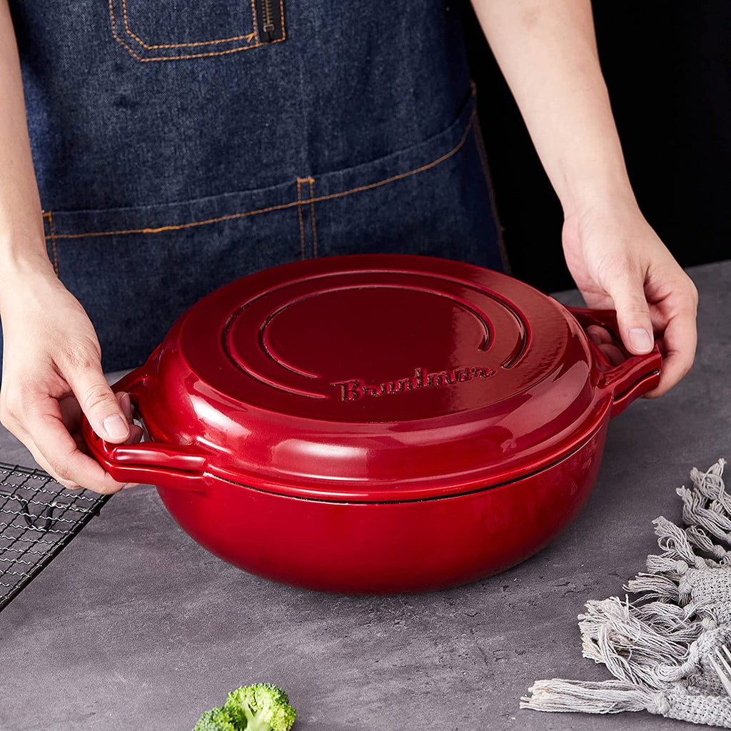 Enameled Cast Iron Cocotte Double Braiser Pan with Grill Lid V9102