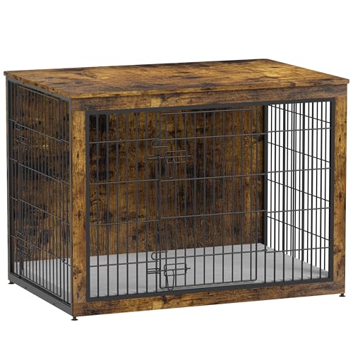 Dog Crate Furniture with Cushion, Heavy-Duty Metal Mesh, Wooden End Table with Double Doors, Indoor Kennel for Small Breed, Grey M3321