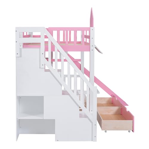 Twin Over Twin Bunk Bed with Stairs and Slide, Solid Wood Frame with Storage B8483