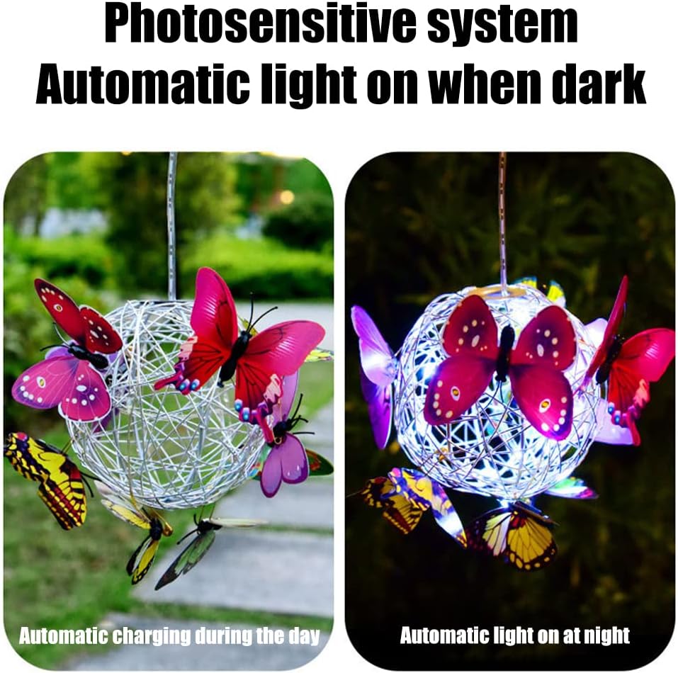 Solar Hanging Mesh Orb with LED Butterfly Light for Garden Patio X559736
