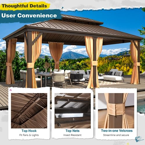 10x13 Hardtop Gazebo with Polycarbonate Double Roof, Aluminum Frame, Curtains and Netting S2701